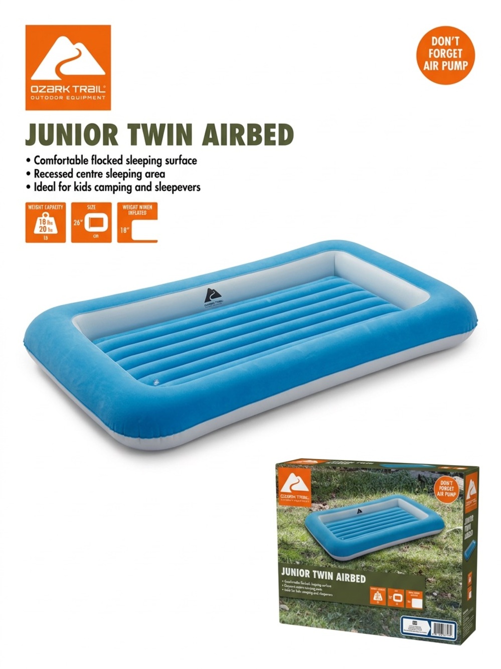 Ozark Trail Junior Twin Airbed Kids Inflatable Blow Up Mattress Flocked NIB